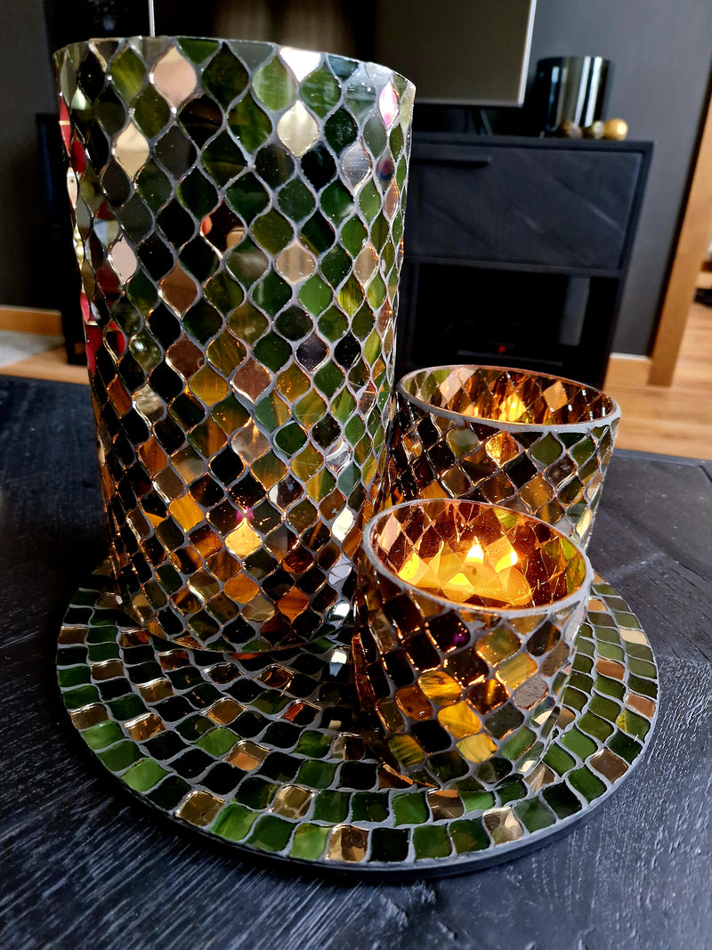 Alinterieur - Plateau - Glas - Mozaïk - Groengoudzwart - diameter 28CM