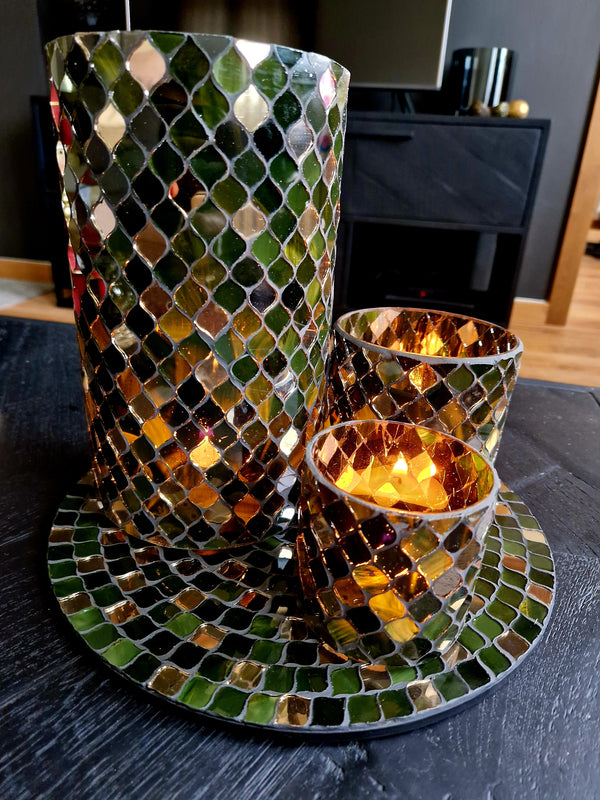 Al-Interieur - Teelicht - Mosaik - Grün-Gold-Schwarz