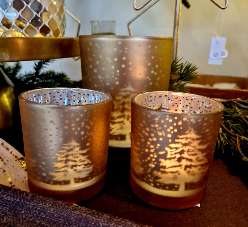 Alinterieur - Weihnachten - 2er-Set Teelichter/Teehalter - Winterwalddekor - Gold - Glas