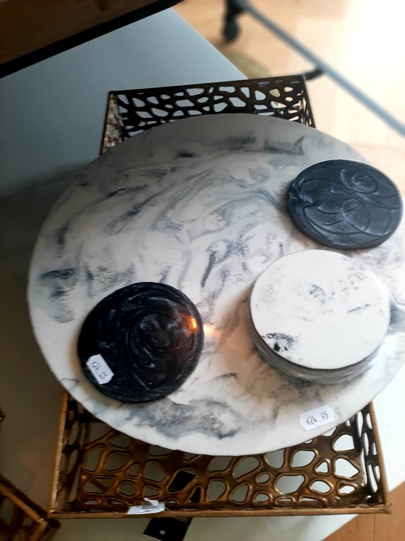 Alinterieur - Set of 4 Coasters - Round - Marble look - White gray - Handmade