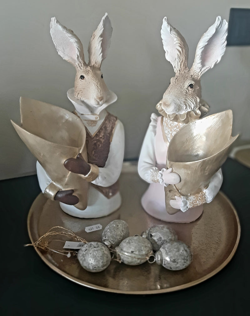 Alinterieur - Set van 2 konijnen/paashazen met gouden zak - Manvrouw - Goudroze - Pasen