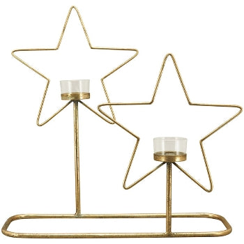 Alinterieur - Kerst - Waxinetheelichthouder - 2 gouden sterren - Staand