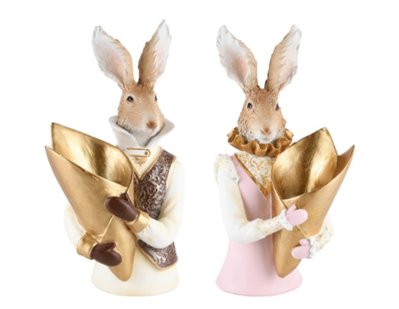 Alinterieur - Set van 2 konijnen/paashazen met gouden zak - Manvrouw - Goudroze - Pasen